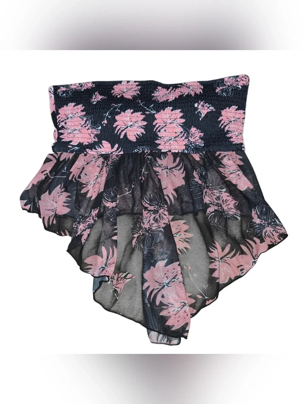 Black and Pink Floral Bandeau Tankini Set